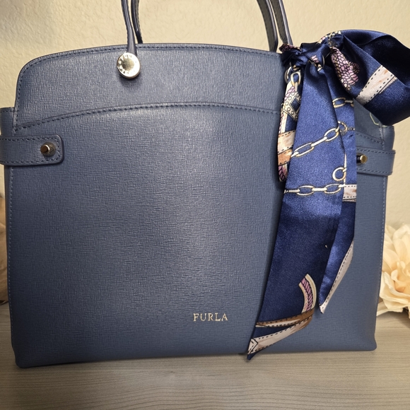Furla Blue Handbag with Scarf Accent - Picture 6 of 13